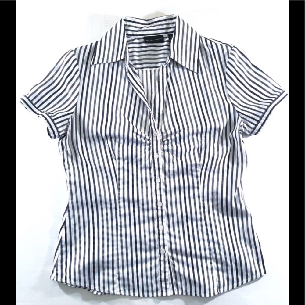 New York & Co Navy Blue & White Button Down Blouse